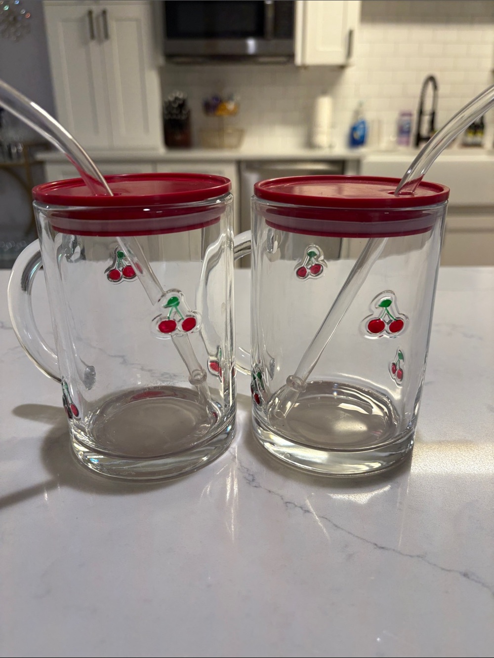 Cherry Accent Clear Glass Mug with Red Lid and Straw 2 in set